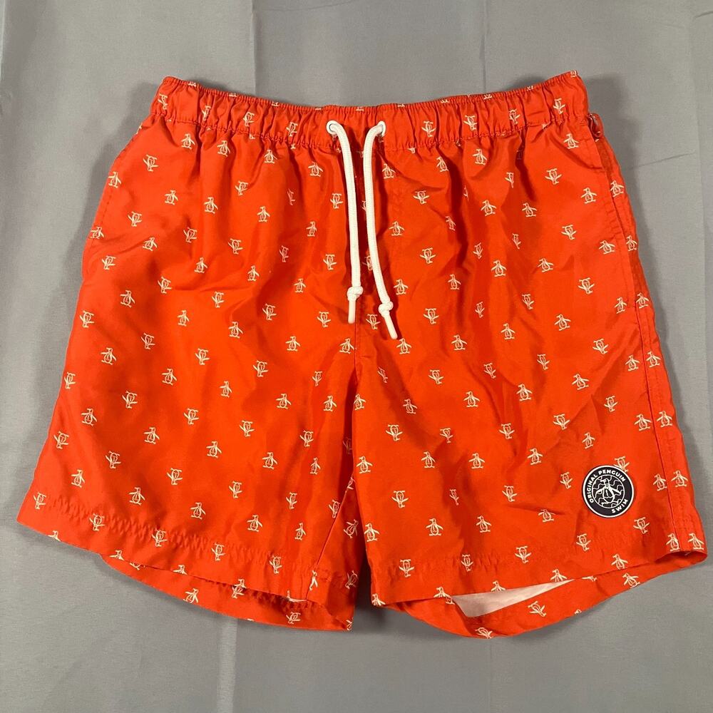Original Penguin Swim Trunks Boys Medium‎ Red White Penguin Logo Print Board Sho